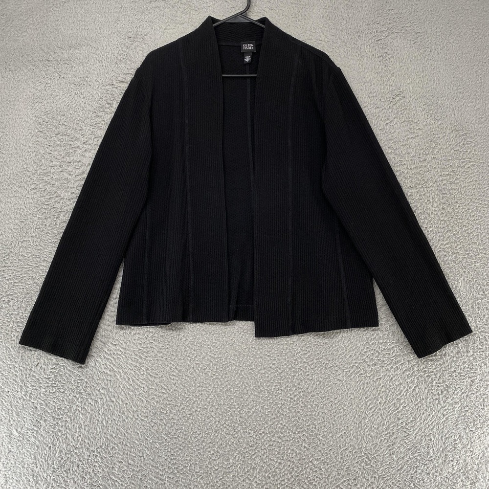 Eileen Fisher‎ Jacket Womens Large Black Knit Open Front Lagenloon USA Made